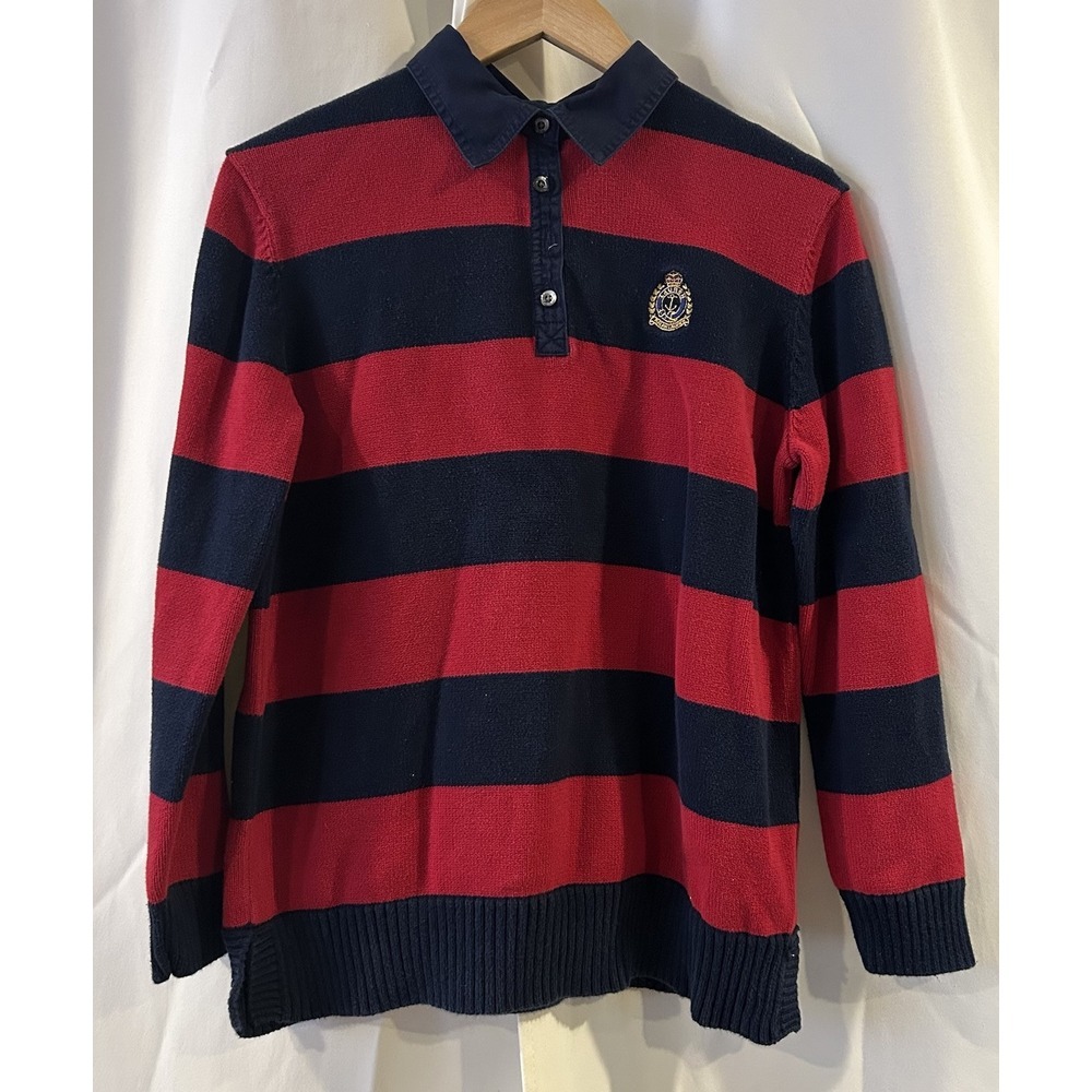Ralph Lauren Pullover Collared Sweater Navy And Red Striped‎ Women's Size Large